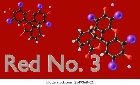3d rendering of molecular structure of Red No. 3, a synthetic food dye commonly used to impart a bright red color to various food and beverage products.