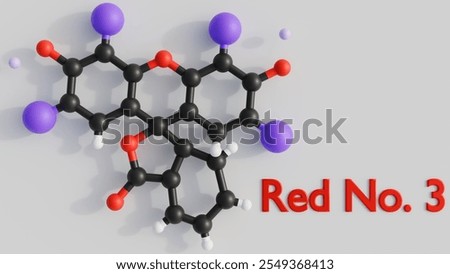 3d rendering of molecular structure of Red No. 3, a synthetic food dye commonly used to impart a bright red color to various food and beverage products.