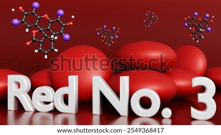 3d rendering of molecular structure of Red No. 3 and scattered red circular candies