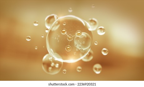 3D rendering, Molecule inside liquid bubble on golden background, Cosmetic essence oil