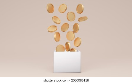 3D Rendering Of Money Coins Falling Into A Box On Background Concept Of Donation, Money Jar, Savings.  3D Render Illustration.