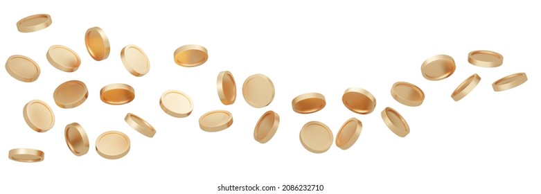 3D Rendering Of Money Coins Flying In Long Scene From Left To Right Isolate On White Background.  3D Render Illustration.