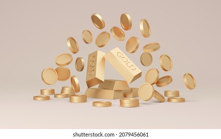 3D Rendering Of Money Coins With Gold Bars On Background Concept Of Savings, Investment, Prosperity. 3D Render Illustration.