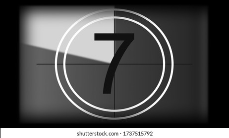 3D rendering of a monochrome universal countdown film leader. Countdown clock from 10 to 0. Design element of old cinema