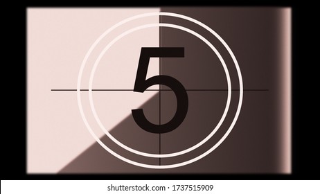 3D rendering of a monochrome universal countdown film leader. Countdown clock from 10 to 0. Effect of old film rolling with details, scratches, lines, dirt, markers and film grain