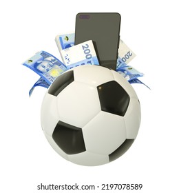 3d Rendering Of Moroccan Dirham Notes And Phone Behind Soccer Ball. Sports Betting, Soccer Betting Concept Isolated On White Background. Mockup