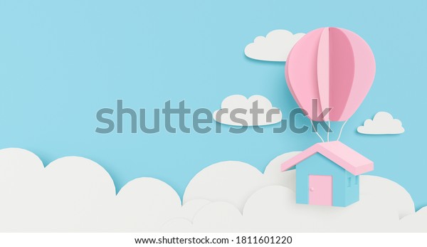 3d rendering for mortgage loan. Paper art or paper\
cut of pastel house hanging balloon on clouds sky. Dream home\
flying on blue background. Creative idea design and business\
concept. Cute cartoon\
art.