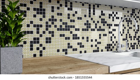 3d Rendering. Mosaic Backsplash In Kitchen. Pattern With Black Squares.