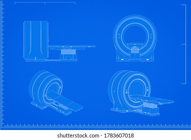 3d Rendering Mri Scanner Machine Blueprint With Scale On Blue Background