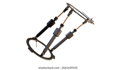 A 3D rendering of a multi-axial deformity correction system, which is a type of external fixator used in orthopedic surgery. 