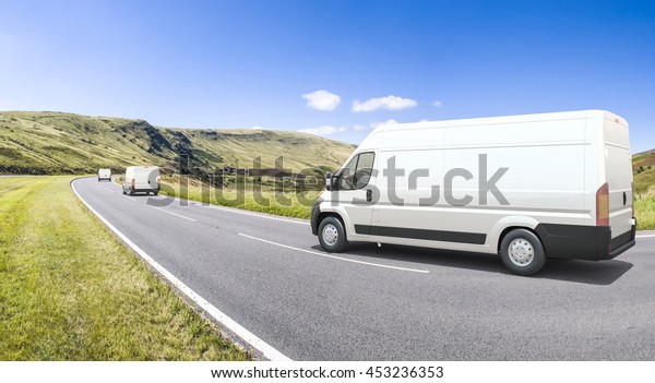 3D rendering of Multiple mini vans in motion\
on a colorful\
background