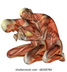 3D Rendering Muscle Man Hugging Woman From Behind