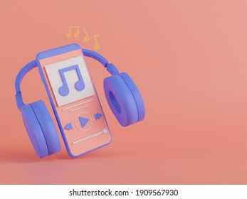 3d rendering music application on smartphone  with headphone on pink background.