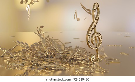 3D rendering of a musical treble clef and falling notes	