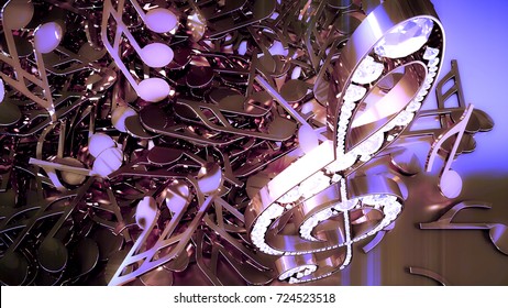 3D rendering of a musical treble clef and falling notes