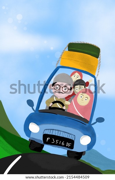 A 3d rendering of a Muslim family traveling
by car with heavy baggage on top of
it