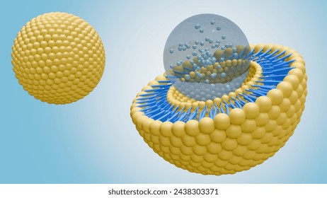 3d rendering of nanomedicine inside of liposome lipid bilayer