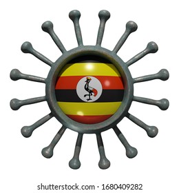 3d Rendering Of A National Uganda Flag Over A Virus Covid19. Concept Of The Fight Of The Countries Vs Pandemic. Isolated On White Background