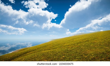 3D rendering. Natural environment of a green island with no trees. Background to illustrate sustainable development goals, and ecosystem protection.