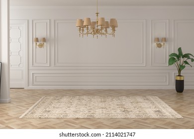 3D Rendering Of Neoclassical Empty Living Room Interior. Front View