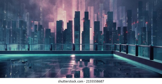 3D Rendering Of Neon Glow Mega City With Light Reflection From Puddles On Building Deck Rooftop. Concept For Night Life,  Business District Center (CBD) Cyber Punk Theme, Tech Product, Game Background