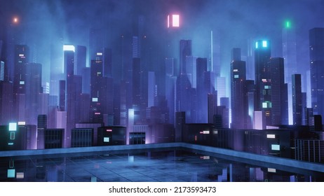 3D Rendering Of Neon Glow Mega City With Light Reflection From Puddles On Building Deck Rooftop. Concept For Night Life,  Business District Center (CBD) Cyber Punk Theme, Tech Product, Game Background