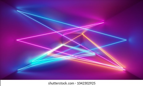 3d rendering, neon lights, laser show, glowing lines, abstract fluorescent background, optical illusion, room, corridor, night club interior