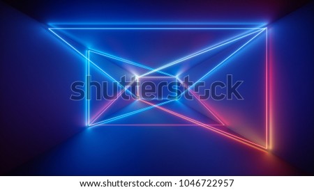 3d rendering, neon lights, laser show, glowing lines, abstract fluorescent background, optical illusion, room, corridor, night club interior