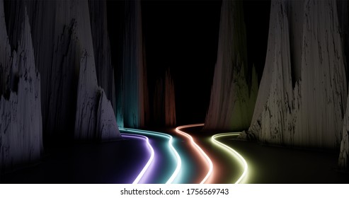 3d rendering. Neon lines of different colors stretch along the rocks. Background graphic illustration.