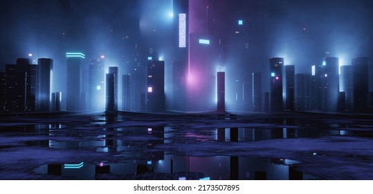 3D Rendering Of Neon Mega City With Light Reflection From Puddles On Street Heading Toward Buildings. Concept For Night Life,  Business District Center (CBD)Cyber Punk Theme, Tech Background 