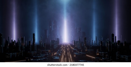 3D Rendering Of Neon Mega City With Light From Highway Road Heading Toward Building Towers. Concept For Night Life, Virtual Metaverse,  Business District Center (CBD)Cyber Punk Theme, Tech Background 