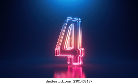 3d rendering. Neon number four. Glowing colorful line inside the glass symbol 4 shape. Top chart