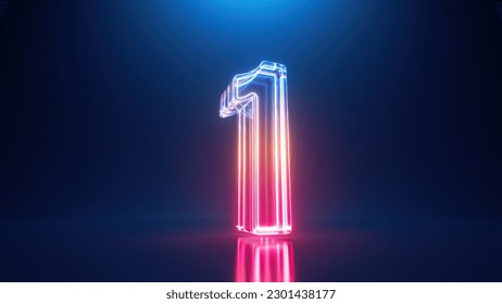 3d rendering. Neon number one. Glowing colorful line inside the glass symbol 1 shape. Top chart