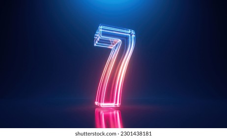 3d rendering. Neon number seven. Glowing colorful line inside the glass symbol 7 shape. Top chart