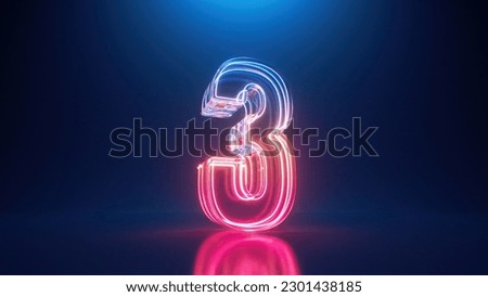 3d rendering. Neon number three. Glowing colorful line inside the glass symbol 3 shape. Top chart