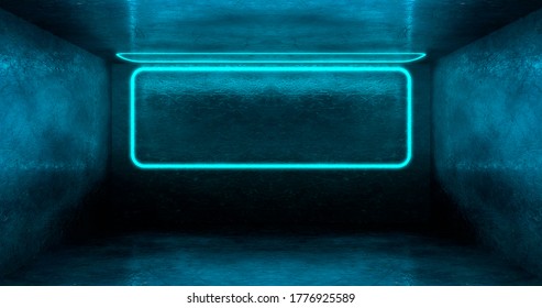 3d rendering. A neon rectangle or square of light blue color in a dark room. Glossy hatching on the walls.