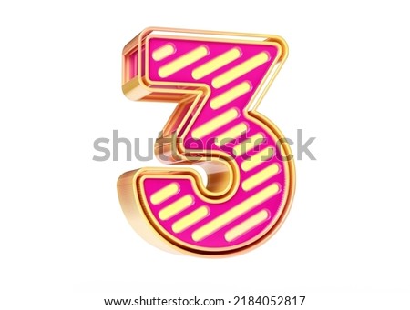 3D rendering neon typeface in pink and golden yellow color combination digit number 3. Design suitable for headers, posters, advertisements or web projects.