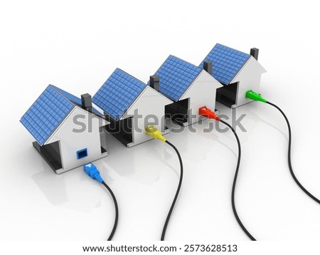 3d rendering Network connection, internet communication and computer technology concept, closeup view of curved ethernet cable plug connector connected house
