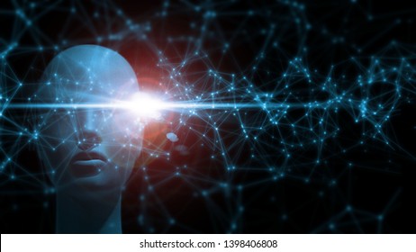 3D Rendering of network connection nodes with sun light flare glowing and cyborg head. Concept of Artificial intelligence that involves deep machine learning and big data processing. - Shutterstock ID 1398406808