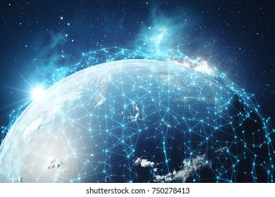 3D rendering Network and data exchange over planet earth in space. Connection lines Around Earth Globe. Global International Connectivity, Elements of this image furnished by NASA. - Shutterstock ID 750278413