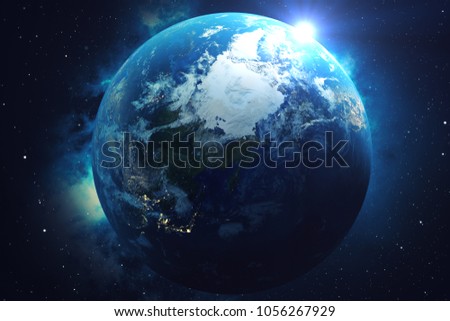 3D rendering Network and data exchange over planet earth in space. Connection lines Around Earth Globe. Blue Sunrise. Global International Connectivity. Elements of this image furnished by NASA