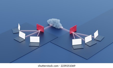 3d rendering, network diagram of connections between locations, diagram of vpn networks connecting computers from different locations, connection of company headquarters