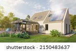 3D rendering of a new house in a traditional style with veranda and solar panels
