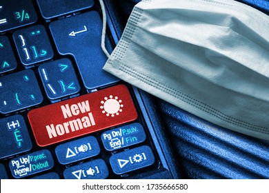 3D Rendering Of New Normal Following Covid-19 Reopening Of Economy And Returning To Work As Illustrated By Computer Keyboard With Red Button Text And Face Mask. Concept Of New Lifestyle After Pandemic