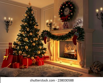 3D rendering New year interior with Christmas tree, presents and fireplace. Postcard. New year 2018