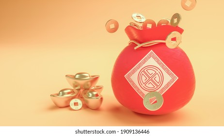 3D Rendering New Year's Blessing Bag Ingot 