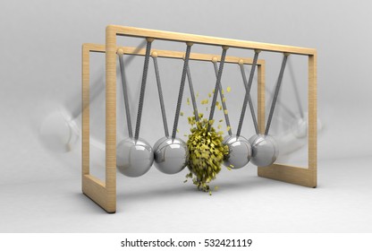 3d rendering of a Newtons cradle with one ball about to impact