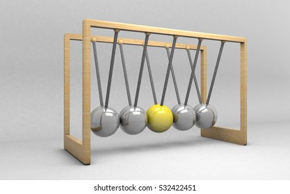 3d rendering of a Newtons cradle with one ball yellow in the middle