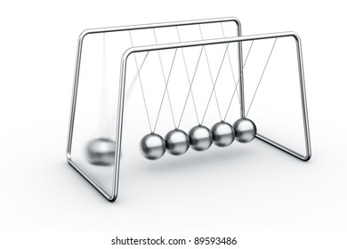 3d rendering of a Newtons cradle with one ball about to impact