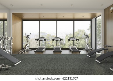 3d Rendering Nice Tree View Wood Gym And Training Room